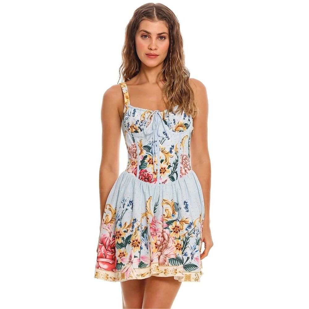 Agua Bendita Spring Corset Mini Dress in Blue Floral Large